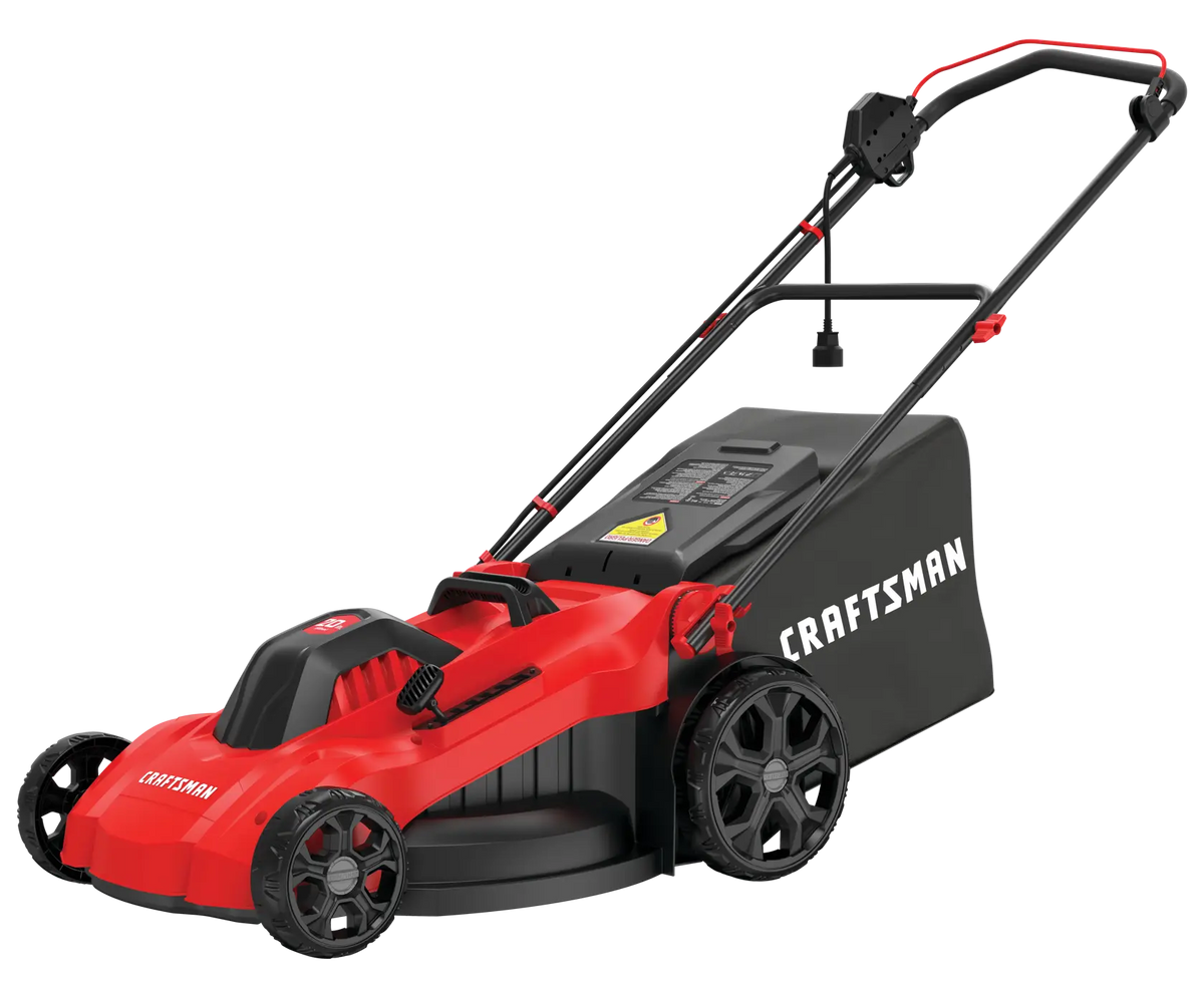 Photo of Craftsman CMEMW213 red and black electric lawn mower, side angle view, with rear grass bag.