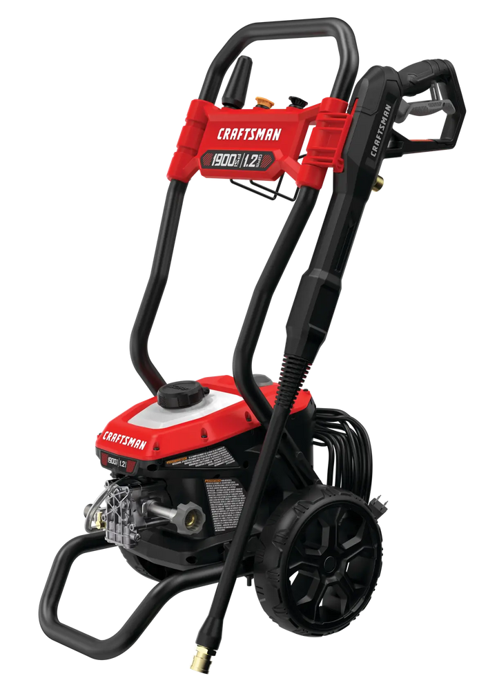 Photo of Craftsman pressure washer CMEPW1900, black and red, upright design with wheels, shown at angle on white background.