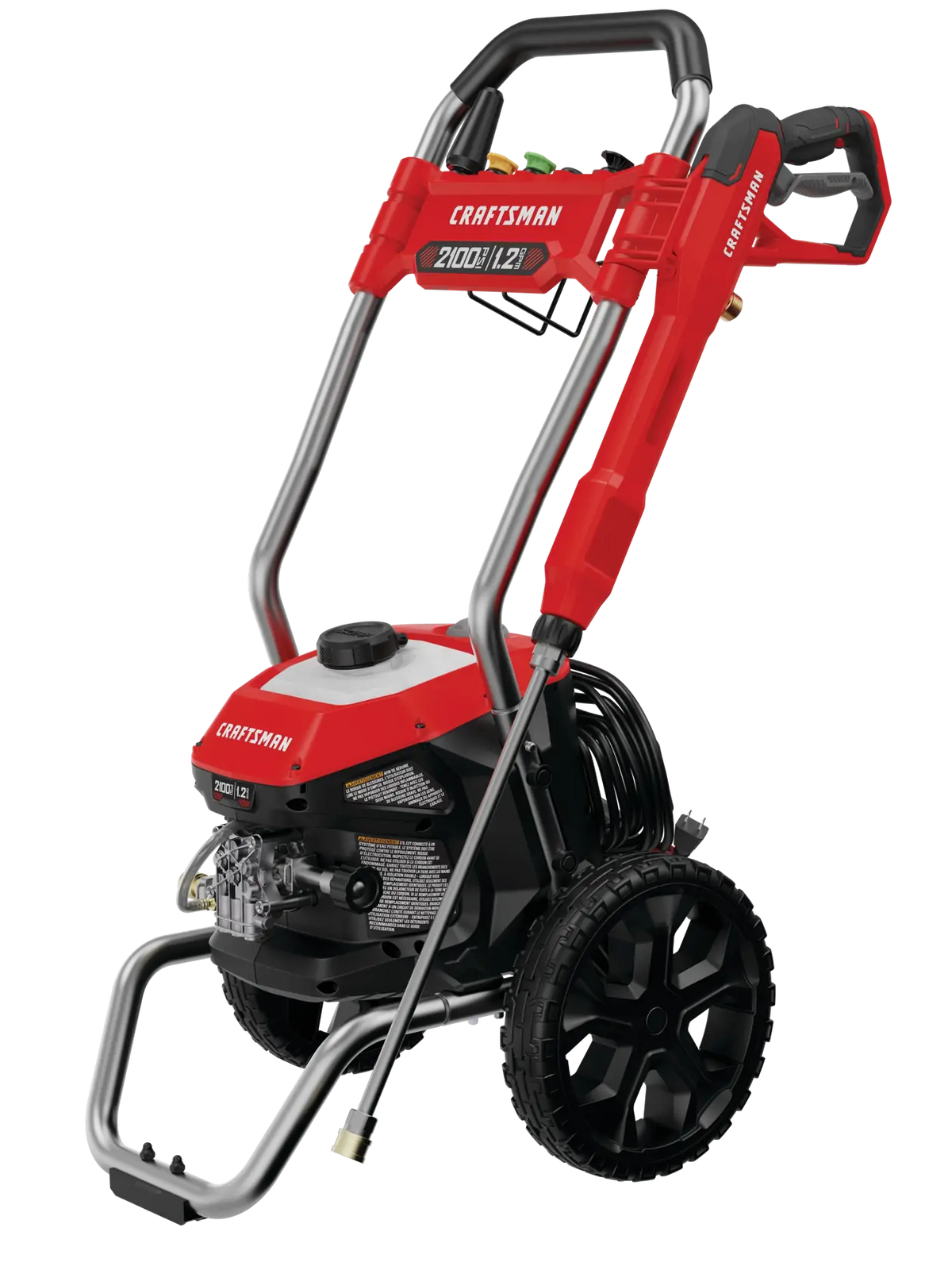 Front angle photo of Craftsman pressure washer CMEPW2100 with red body, black wheels, and attached spray wand.