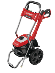 Photo of Craftsman pressure washer, SKU CMEPW2100, with red and black frame, large wheels, front angle on white background.