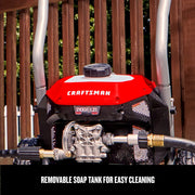 Photo of Craftsman pressure washer CMEPW2100 with removable soap tank, front angle view.