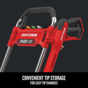 Photo of Craftsman pressure washer handle with tip storage, red finish, SKU CMEPW2400, close-up angle.