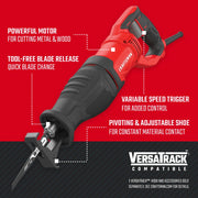 Photo of Craftsman reciprocating saw CMES300, red and black, with blade, features powerful motor and tool-free blade release.
