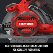Side view of Craftsman CMES510 circular saw motor, red and black, highlighting high RPM for fast cutting.