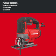 Photo of Craftsman CMES612 red and black jig saw, side angle, with trigger handle and exposed wood blade.