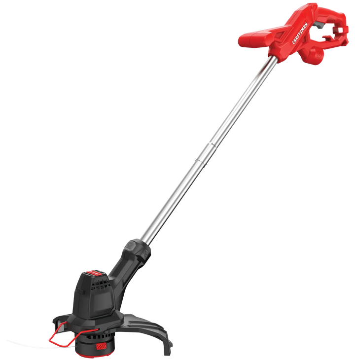 Photo of CRAFTSMAN electric string trimmer, SKU CMEST900, red and black, side angle, showing handle and cutting head.