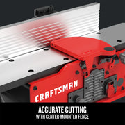 Photo of Craftsman jointer CMEW020, close-up showing red housing and center-mounted silver fence.