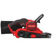 Photo of CRAFTSMAN CMEW213 belt sander, red and black, side view, with dust bag attached.