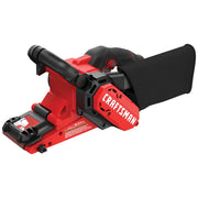 Photo of Craftsman CMEW213 red and black belt sander, angled view on white background.