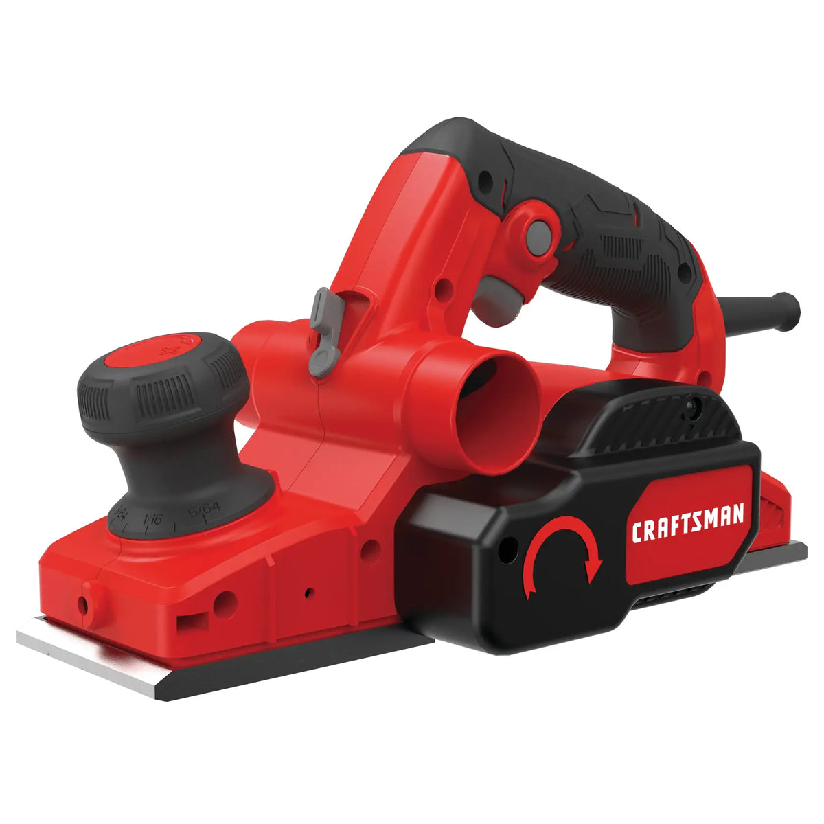Photo of Craftsman electric hand planer CMEW300 in red and black, side angle, showing depth adjustment knob.