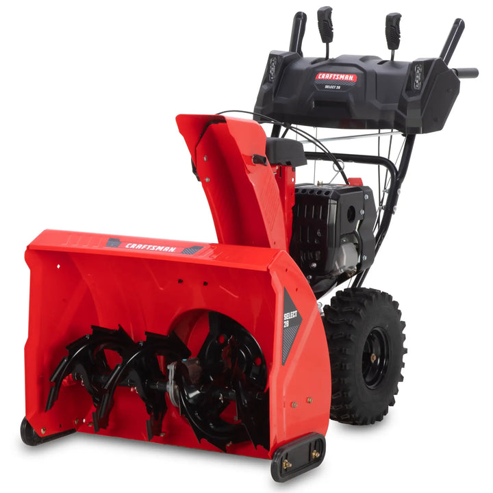 Craftsman CMGB223101 red snow blower, front angle, black augers, large tires, control panel visible.