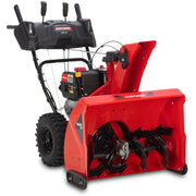 Craftsman red and black snow blower front angle, large wheels, model CMGB223101.