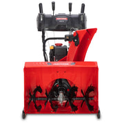 Front angle photo of Craftsman red snow blower CMGB223101 showing augers and chute.