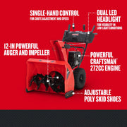 Front angle photo of Craftsman snow blower CMGB223101 showing 12-in auger, dual LED headlights, single-hand control, 272cc engine, and adjustable poly skid shoes.