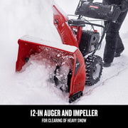 Photo of Craftsman snow blower, SKU CMGB223101, clearing deep snow with 12-in auger and impeller.