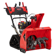 Front angle photo of Craftsman red snow blower CMGB223104 with heavy-duty track tires and dual augers.