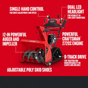 Photo of Craftsman CMGB223104 snow blower, angled view, featuring 272cc engine, dual LED headlight, D-track drive, 12-in auger, adjustable poly skid shoes.