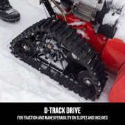 Craftsman snow blower CMGB223104 D-Track drive close-up, black rubber track detail on white snow, left side view.