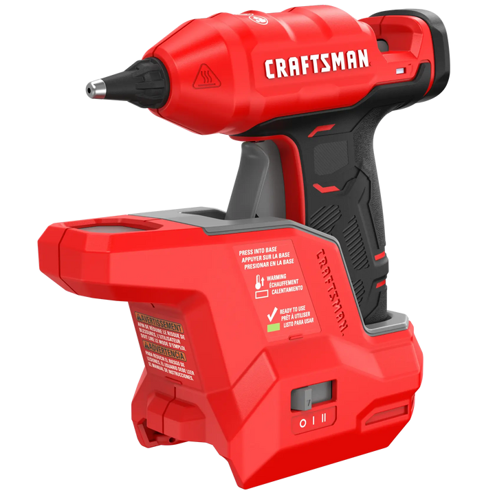 Photo of Craftsman red cordless glue gun CMGL100B, side angle, with ergonomic grip and trigger switch.