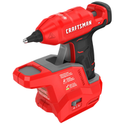 Photo of Craftsman cordless glue gun CMGL100B, red and black, angled on white background.