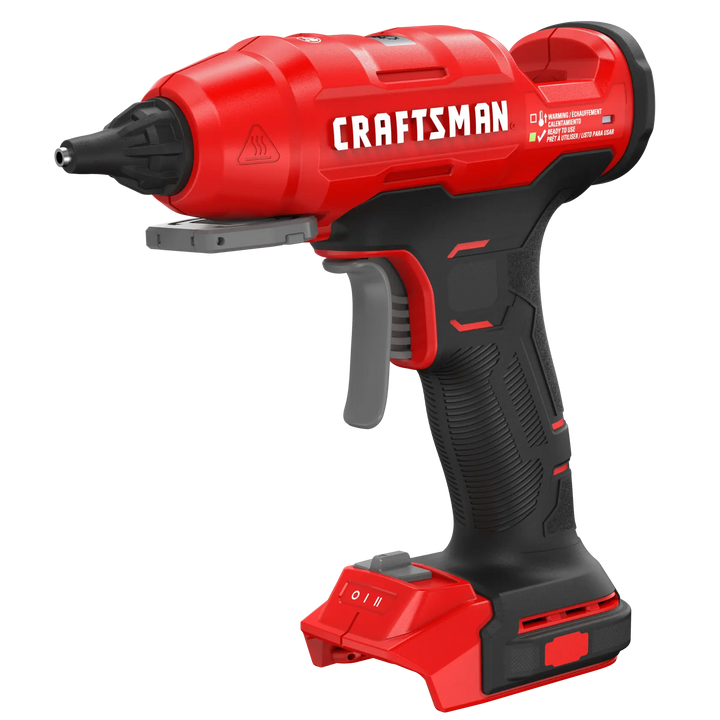 Craftsman cordless hot glue gun CMGL200B, red and black, right angle photo on white background.