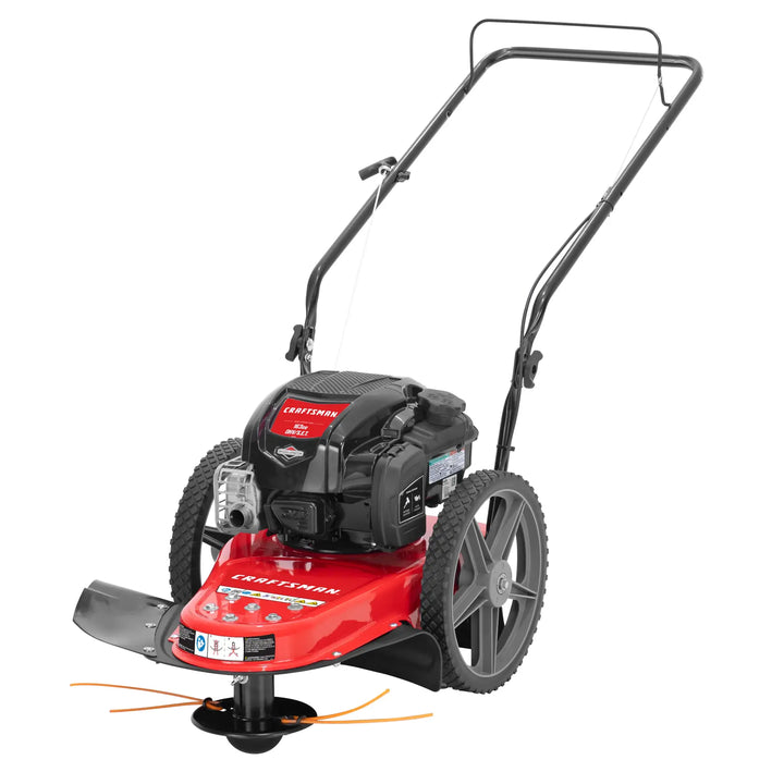 Photo of Craftsman walk-behind string trimmer CMGT232501, red deck, black engine, front angle, white background.