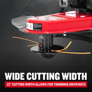 Photo of Craftsman graphics CMGT232501, highlighting 22-inch wide cutting width with red and black trimmer deck.