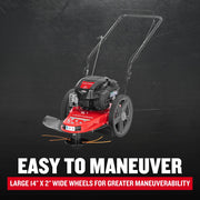 Photo of Craftsman walk-behind string trimmer with large wheels, red and black design, SKU CMGT232501, front angle.