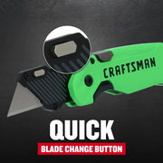 Photo of Craftsman green utility knife, SKU CMHT10352, blade change button highlighted, graphics category.