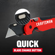 Photo of Craftsman utility knife with quick blade change button, SKU CMHT10353, close-up angle.