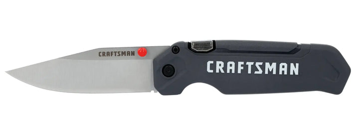 Photo of CRAFTSMAN folding utility knife CMHT10354, black handle, silver blade, side view, white background.