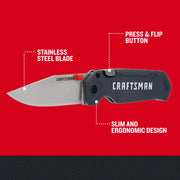 Photo of Craftsman folding utility knife CMHT10354 with stainless steel blade, black slim ergonomic handle, side view.