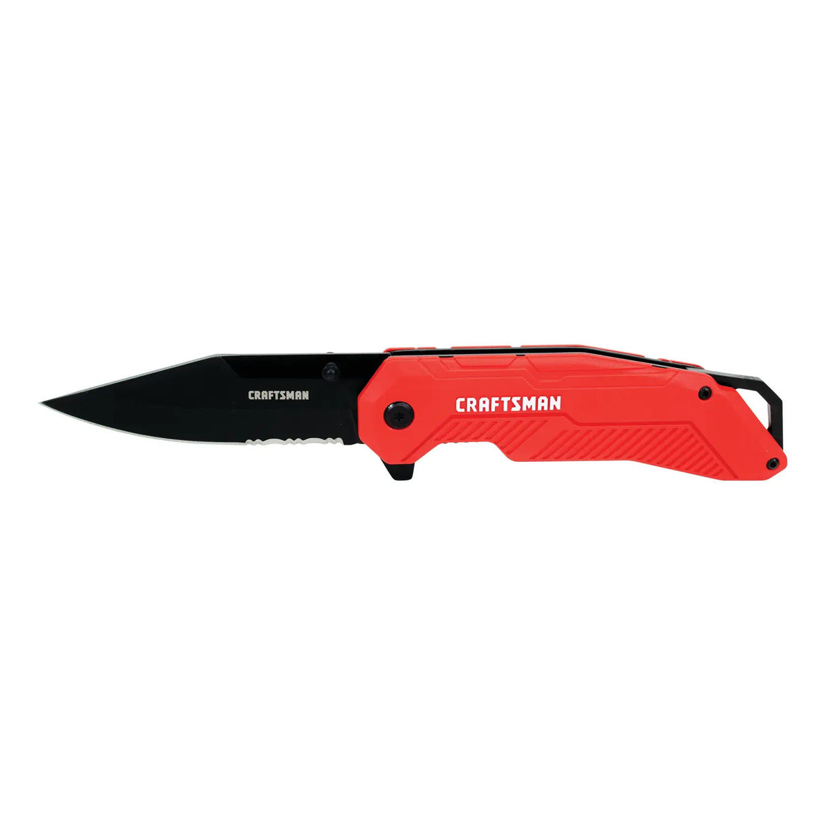 Photo of Craftsman folding knife CMHT10935 with red handle and black partially serrated blade, side angle.