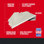Photo of Craftsman utility knife blades CMHT11921A, silver, stack of blades, text highlights induction hardened, fits most standard knives, 100 count.
