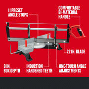 CRAFTSMAN miter saw with 22 in. blade, CMHT20800, shown from side angle, features marked on red background.