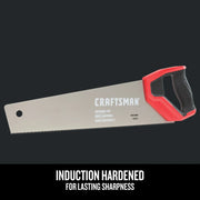 Photo of Craftsman hand saw CMHT20880 with red and black handle, universal cut blade, induction hardened teeth.
