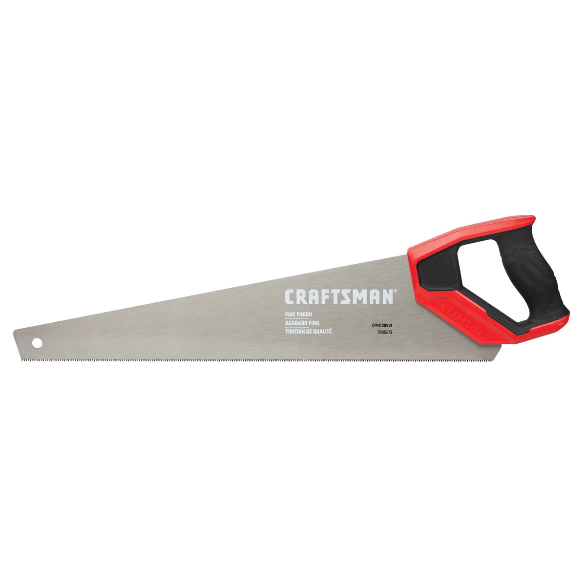 Photo of Craftsman CMHT20881 hand saw with red and black ergonomic handle, side angle, fine finish blade.