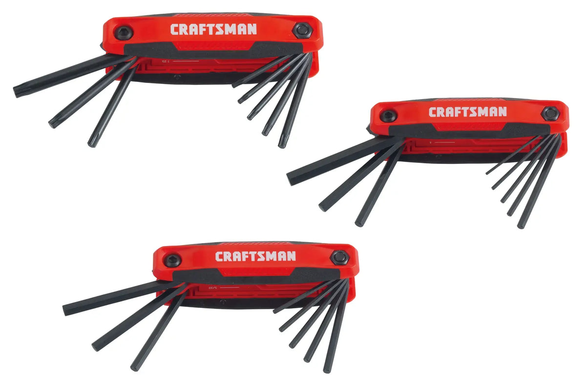 Photo of three Craftsman folding hex key sets CMHT26004, red and black handles, various hex keys extended, white background.