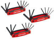 Photo of three Craftsman CMHT26004 hex key folding sets, red and black handles, several keys extended, white background.
