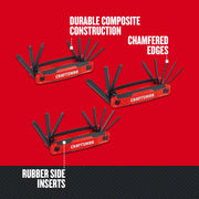 Photo of Craftsman folding hex key sets, red and black with CMHT26004, showing composite body and rubber side inserts.