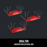 Photo of three Craftsman folding hex key sets, red and black, SKU CMHT26004, on dark background.