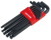 Craftsman hex key set with red holder, multiple black L-shaped wrenches, white background beauty shot, angled view.