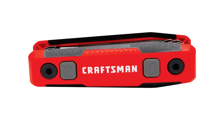 Front view photo of Craftsman red multi-tool CMHT26024 with gray buttons and black accents.