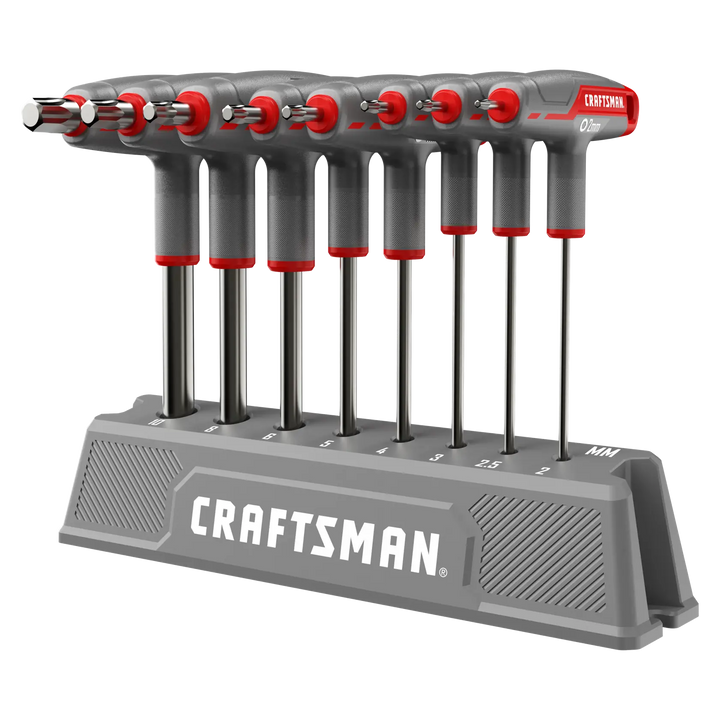 A set of Craftsman branded hex key wrenches with T-handles in varying sizes, organized upright in a gray storage stand labeled with size markings.