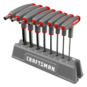 A set of CRAFTSMAN T-handle hex key wrenches in various sizes, arranged in a gray holder labeled with size numbers from 2 to 10 millimeters. The handles are gray with red accents.