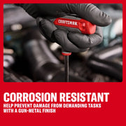 Gloved hand uses a red CRAFTSMAN screwdriver in an engine, highlighting corrosion resistance and gun-metal finish.