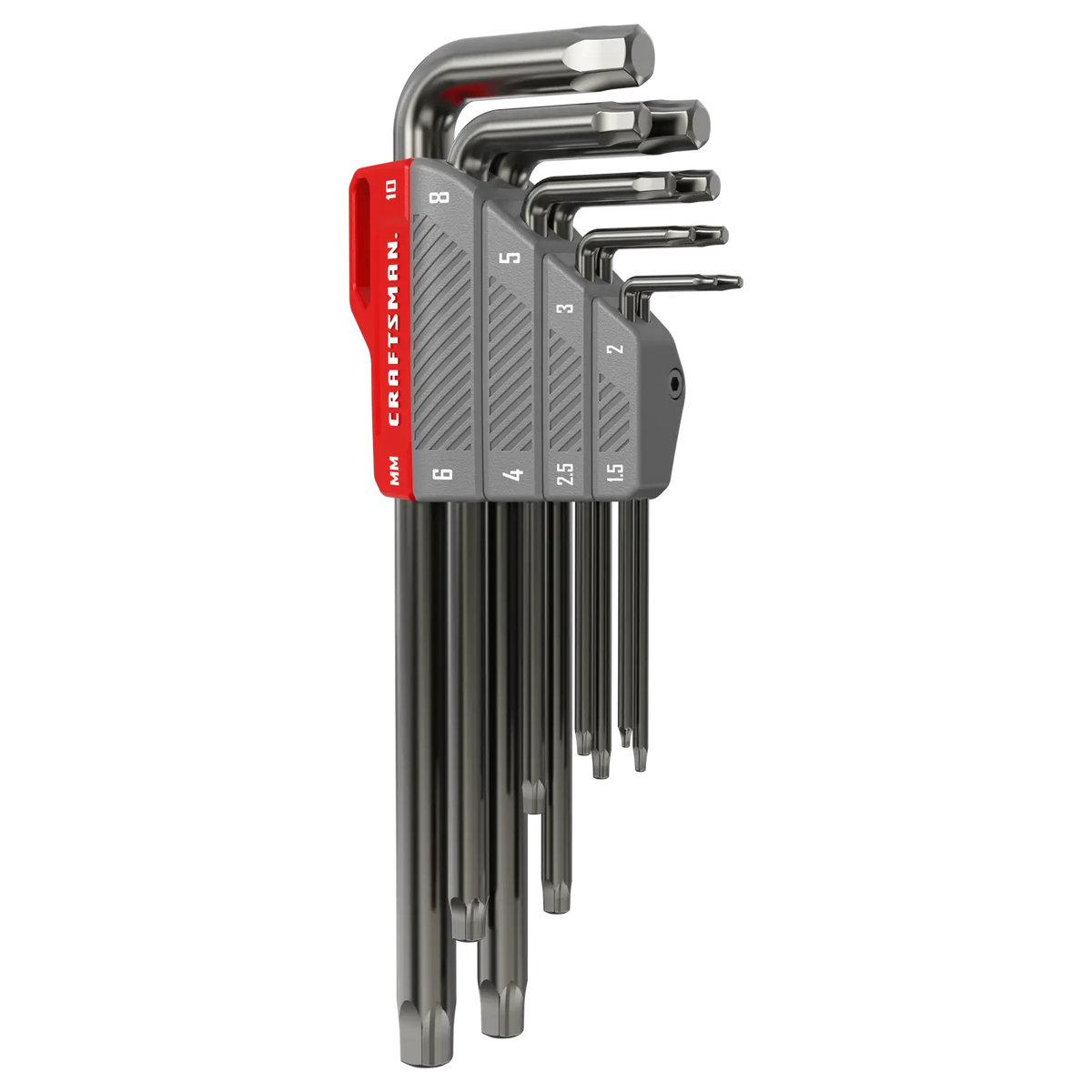 A set of metric hex keys (Allen wrenches) in various sizes, organized in a labeled gray and red holder, with each tool arranged in descending order of size.