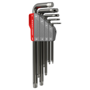A set of metric hex keys (Allen wrenches) in various sizes, organized in a labeled gray and red holder, with each tool arranged in descending order of size.