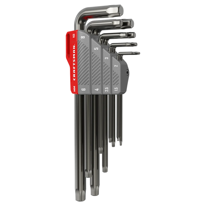 A set of metric hex keys (Allen wrenches) in various sizes, organized in a labeled gray and red holder, with each tool arranged in descending order of size.