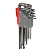 A set of chrome-colored hex keys with star-shaped ends, organized in a red and gray plastic holder with size markings. The holder is labeled with the brand name and neatly arranges the keys by size.
